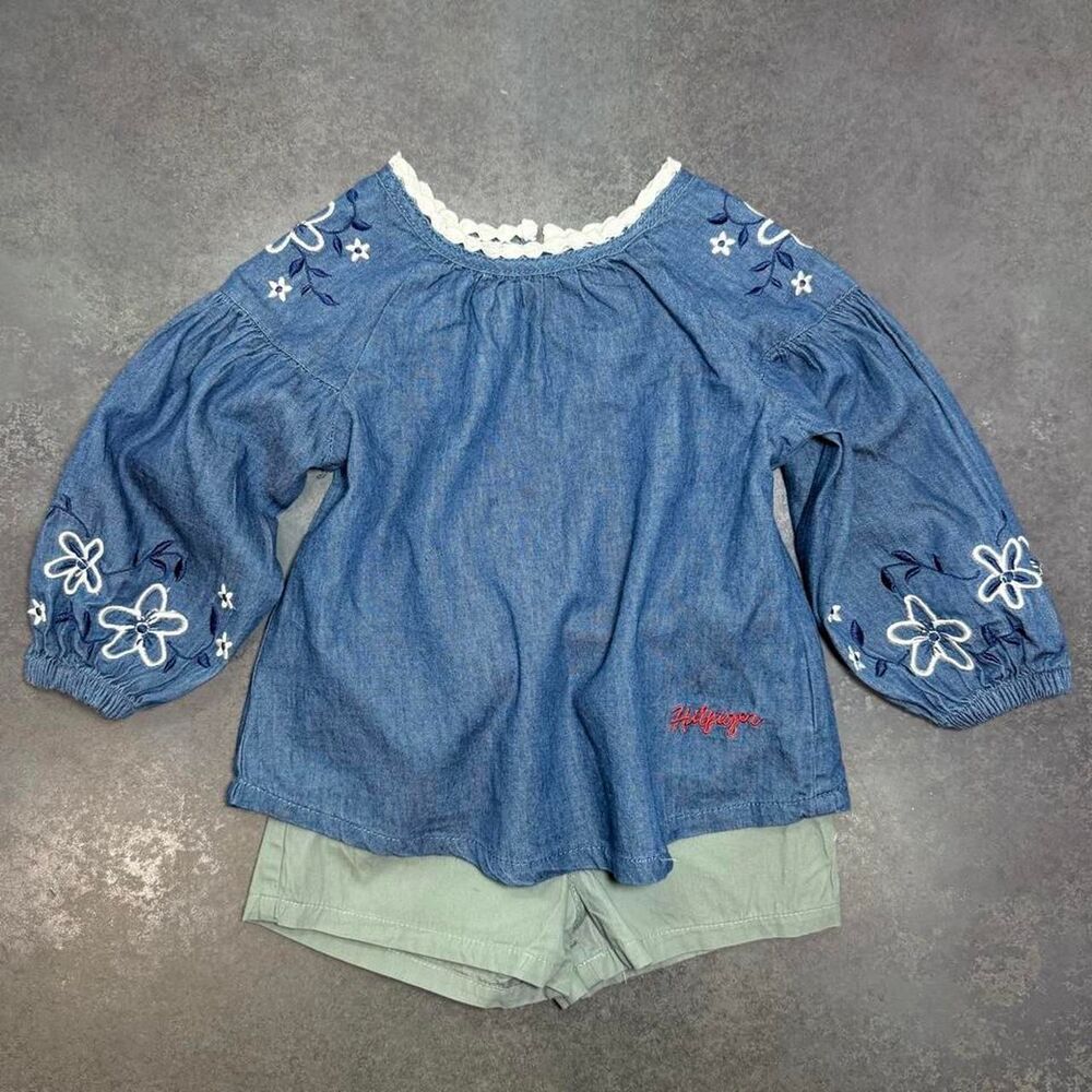 Tommy Hilfiger 18M Embroidered Chambray Top & Sage Shorts Outfit Set